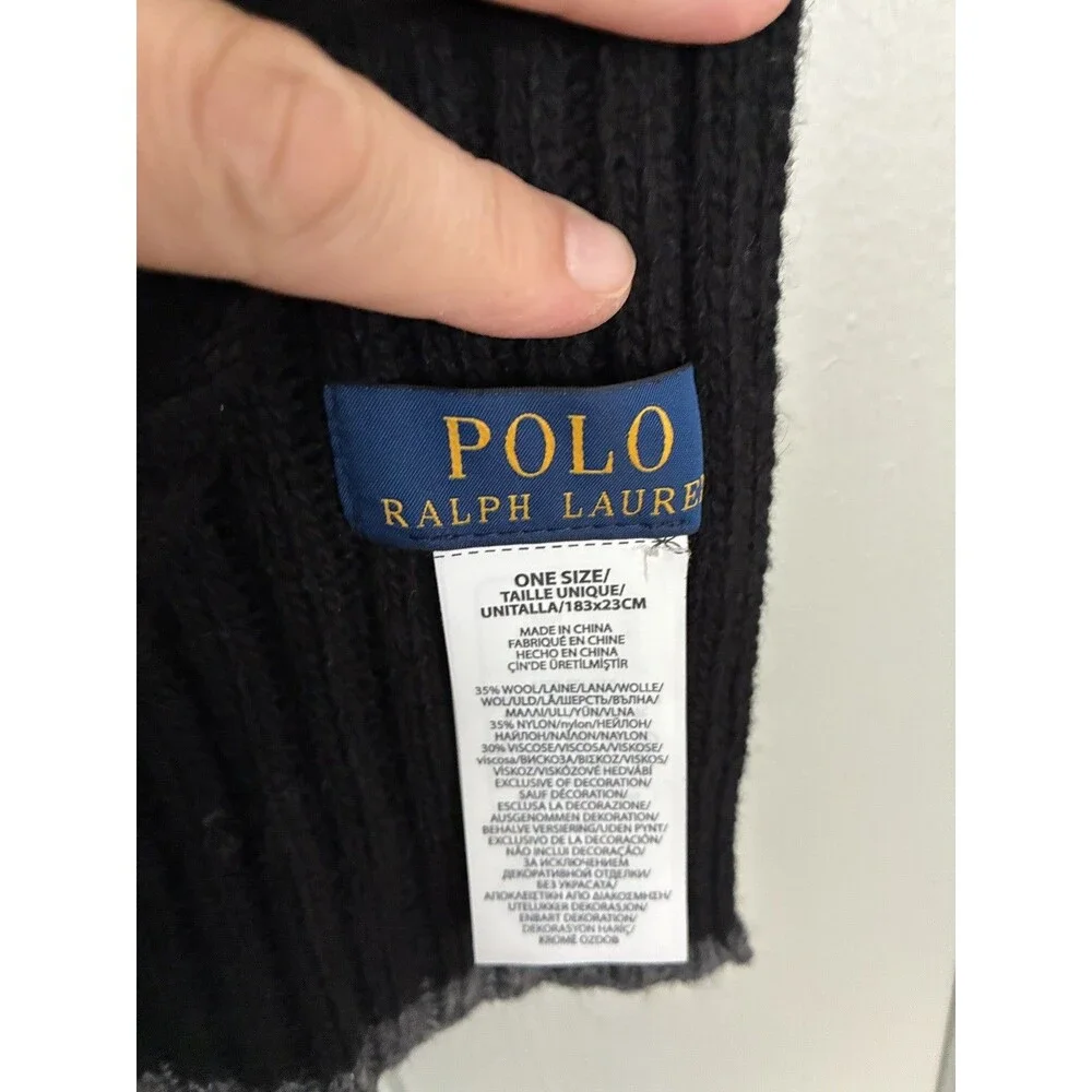 Polo Ralph Lauren Classic Rib Knit Wool Blend Logo Black Scarf  70